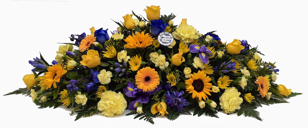 Florists Choice Yellow and Blue double ended casket spray