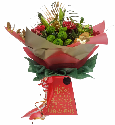 Christmas  Cracker Hand-tied Bouquet - gold - Bright and vibrant, this festive themed bouquet is our most popular Christmas gift. In traditional red and green these flowers complement each other perfectly.