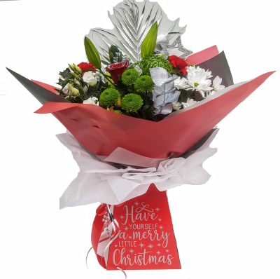 Christmas  Cracker Hand-tied Bouquet - silver - Bright and vibrant, this festive themed bouquet is our most popular Christmas gift. In traditional red and silver these flowers complement each other perfectly.