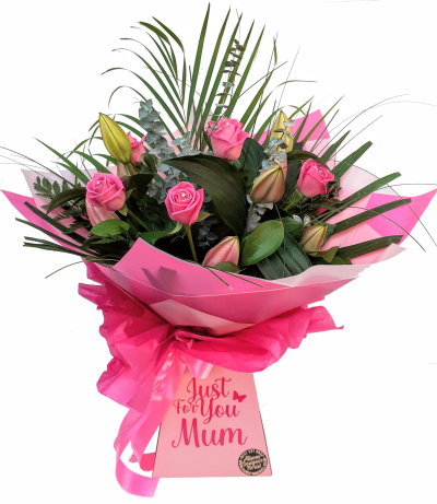 Pink Rose and Lily Mothers day Hand-tied Bouquet - A stunning hand-tied bouquet of pink large headed roses, & Lilies alongside lush green foliage.