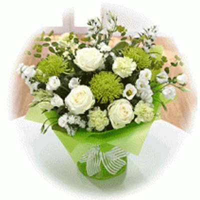 Tranquility Hand- tied Bouquet - Stunning shades of whites and greens make for a contemporary hand-tied bouquet for any occasion. white Roses, Shamrock Chrysanthemum Blooms, Carnations and lisianthus and foliage